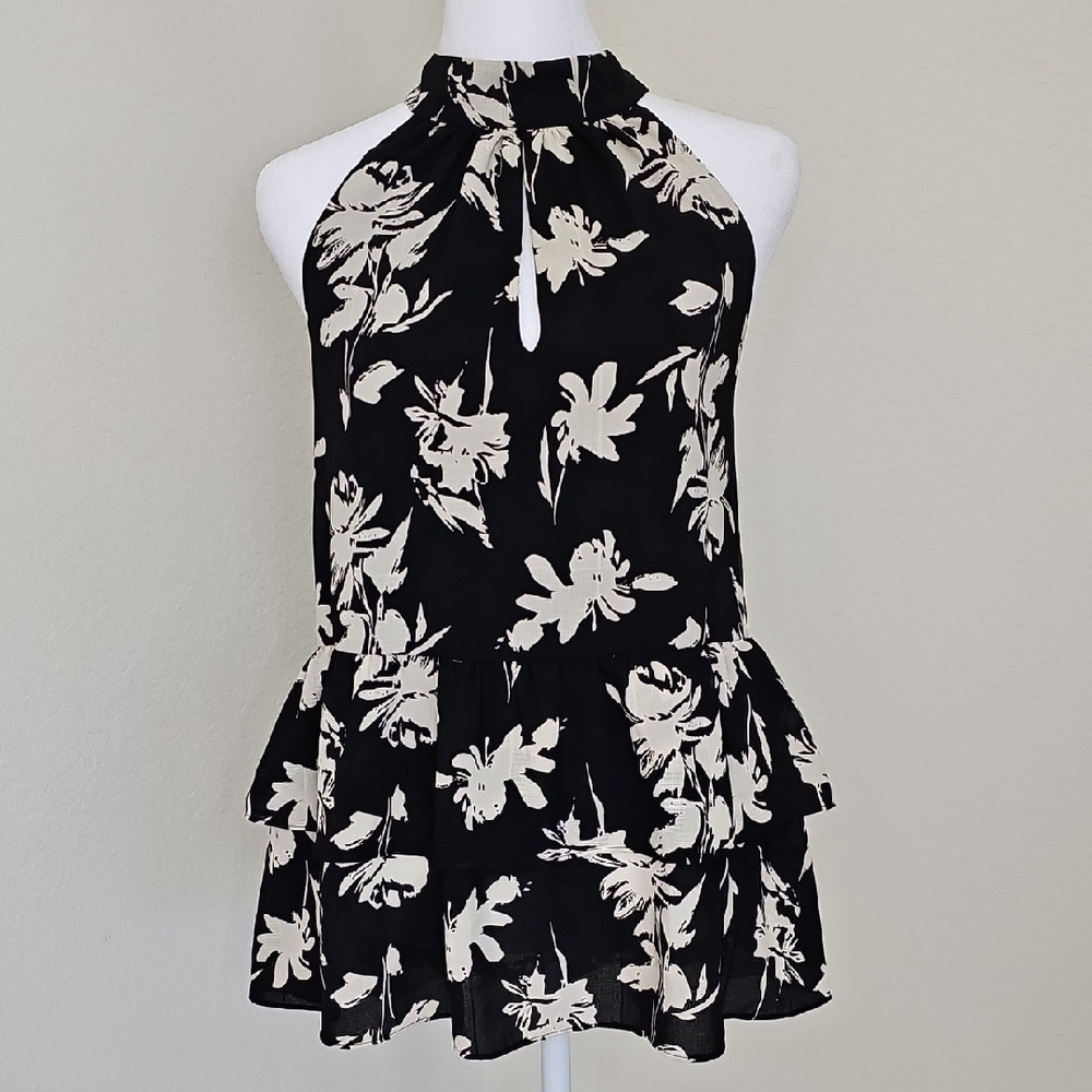 Floral Halter Sleeveless Top, Black White Size S